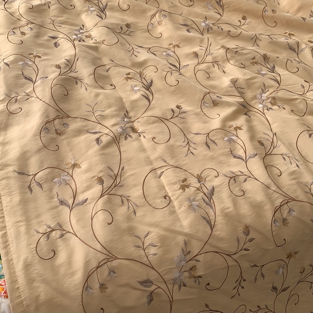 Drapes - two panels - light gold/woven flowers